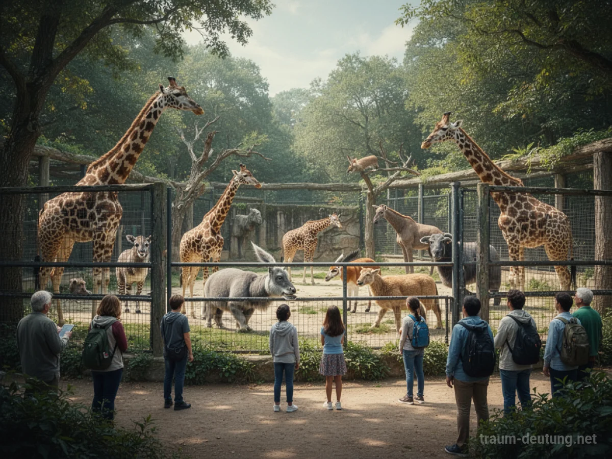 Menschen beobachten verschiedene Tiere hinter Gehegen in einem Zoo