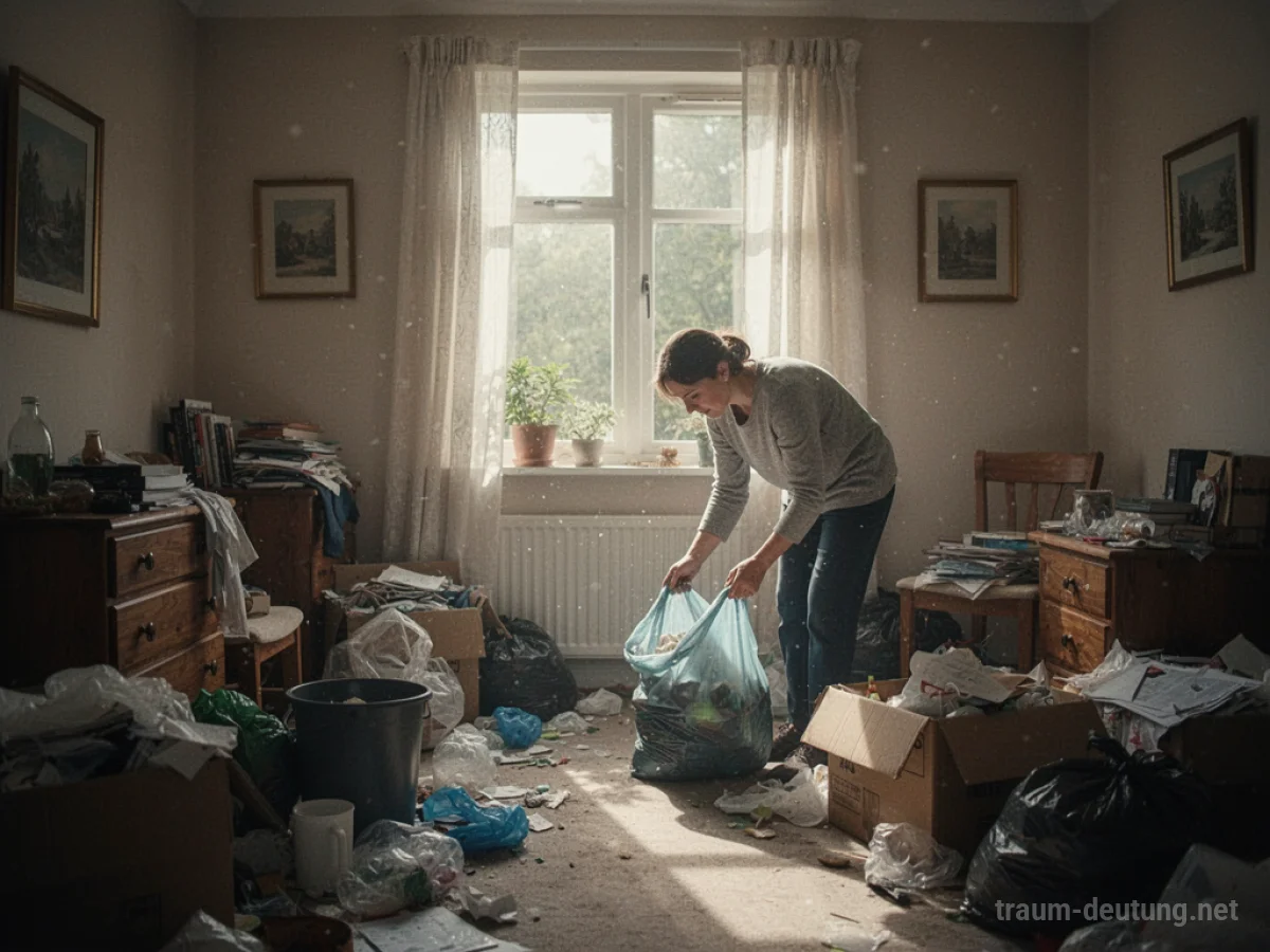 Eine Person räumt ein unordentliches Zimmer auf, Sonnenlicht fällt herein.