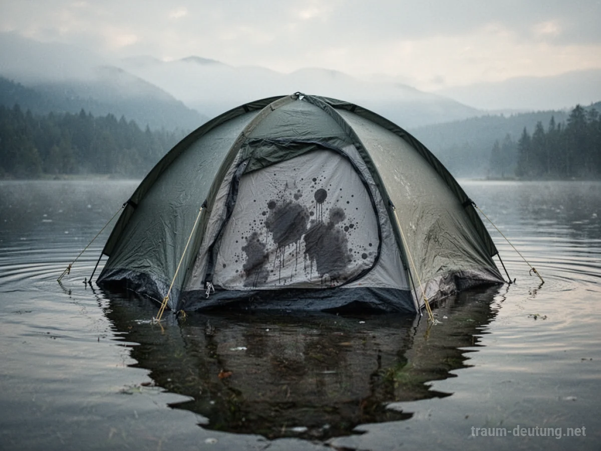 Ein teilweise von Wasser umgebenes Zelt, die Zeltplane zeigt Wasserflecken von innen.