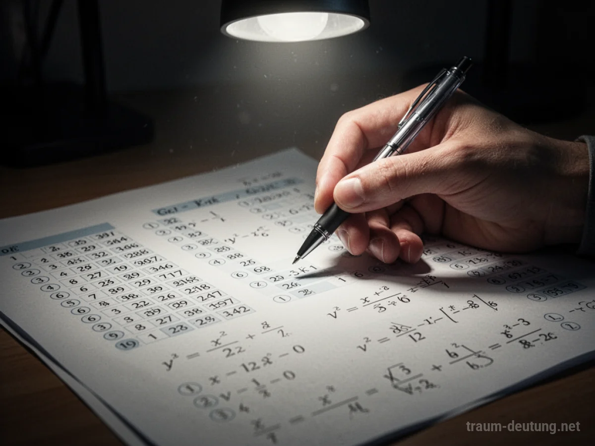 Hand mit Stift über Prüfungsbogen mit Zahlen und Gleichungen.