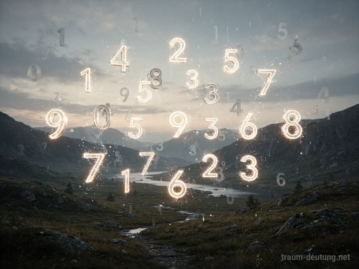 Leuchtende Zahlen schweben in einer surrealen Traumlandschaft.