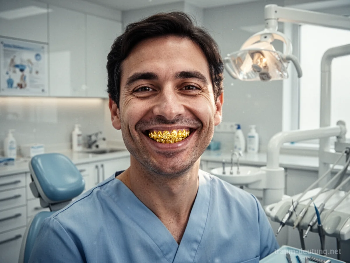Ein freundlicher Zahnarzt mit strahlend goldenen Zähnen in einer hellen Praxis.