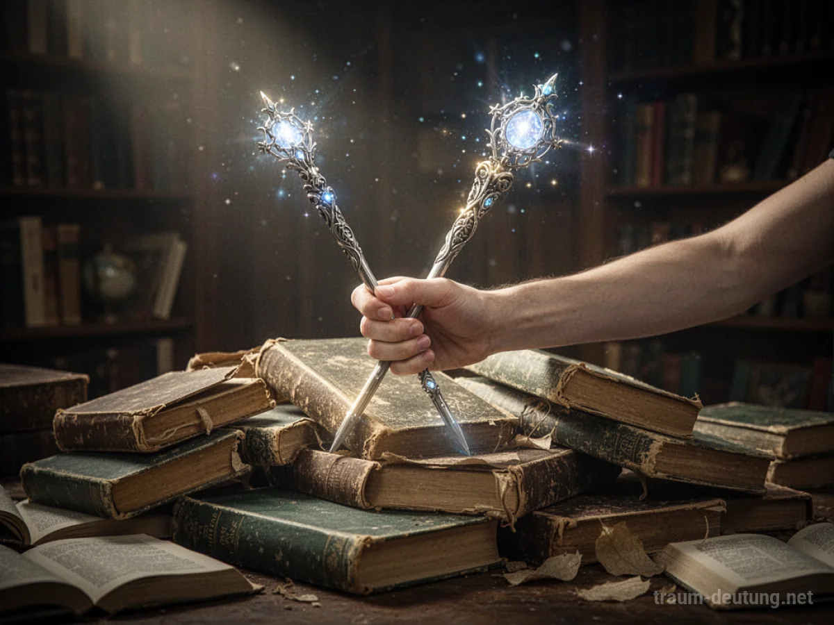 Hand hält leuchtenden Zauberstab über alten Büchern