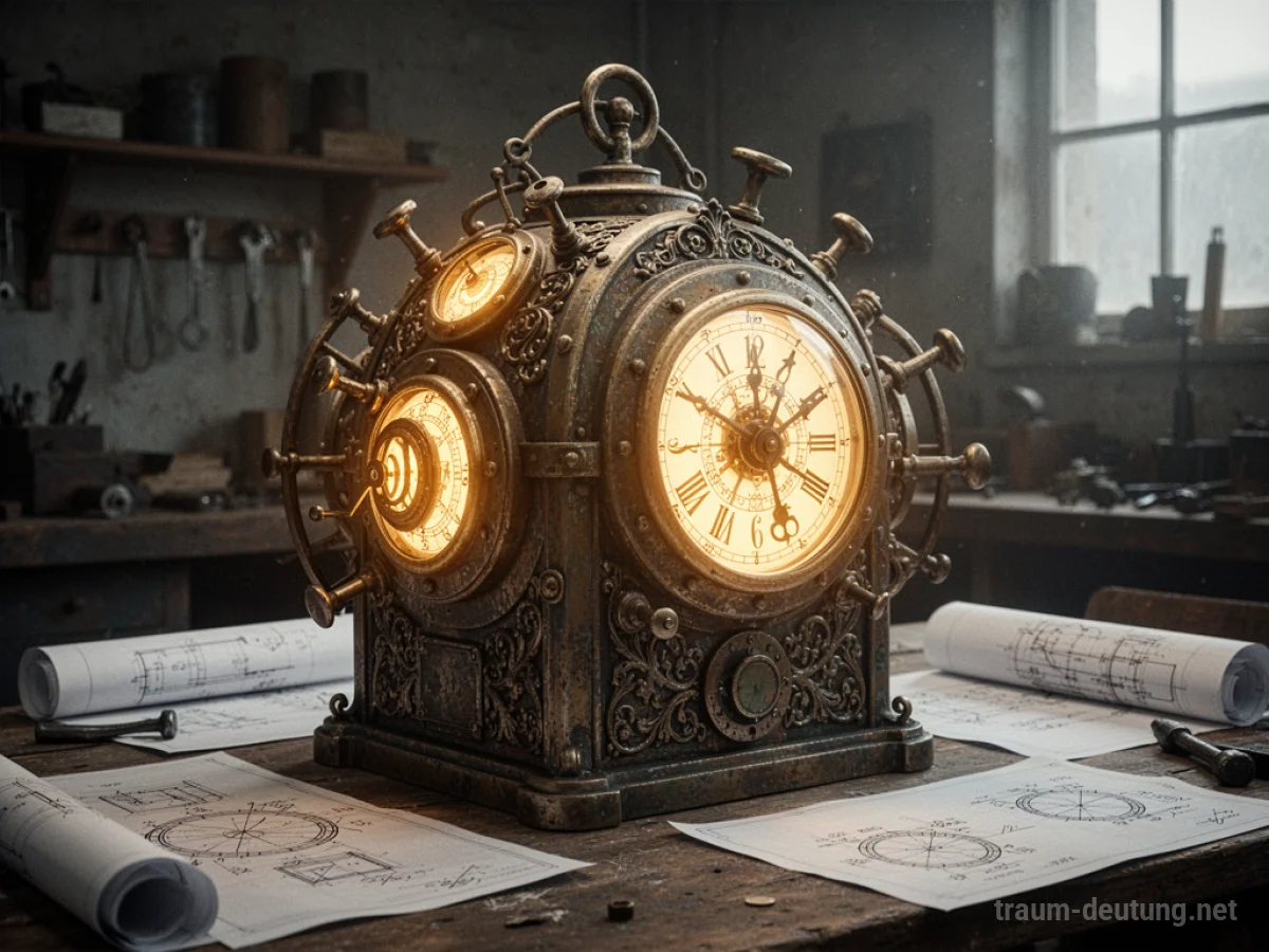 Eine detailreiche Zeitmaschine mit leuchtenden Instrumenten in einem Werkstattraum.