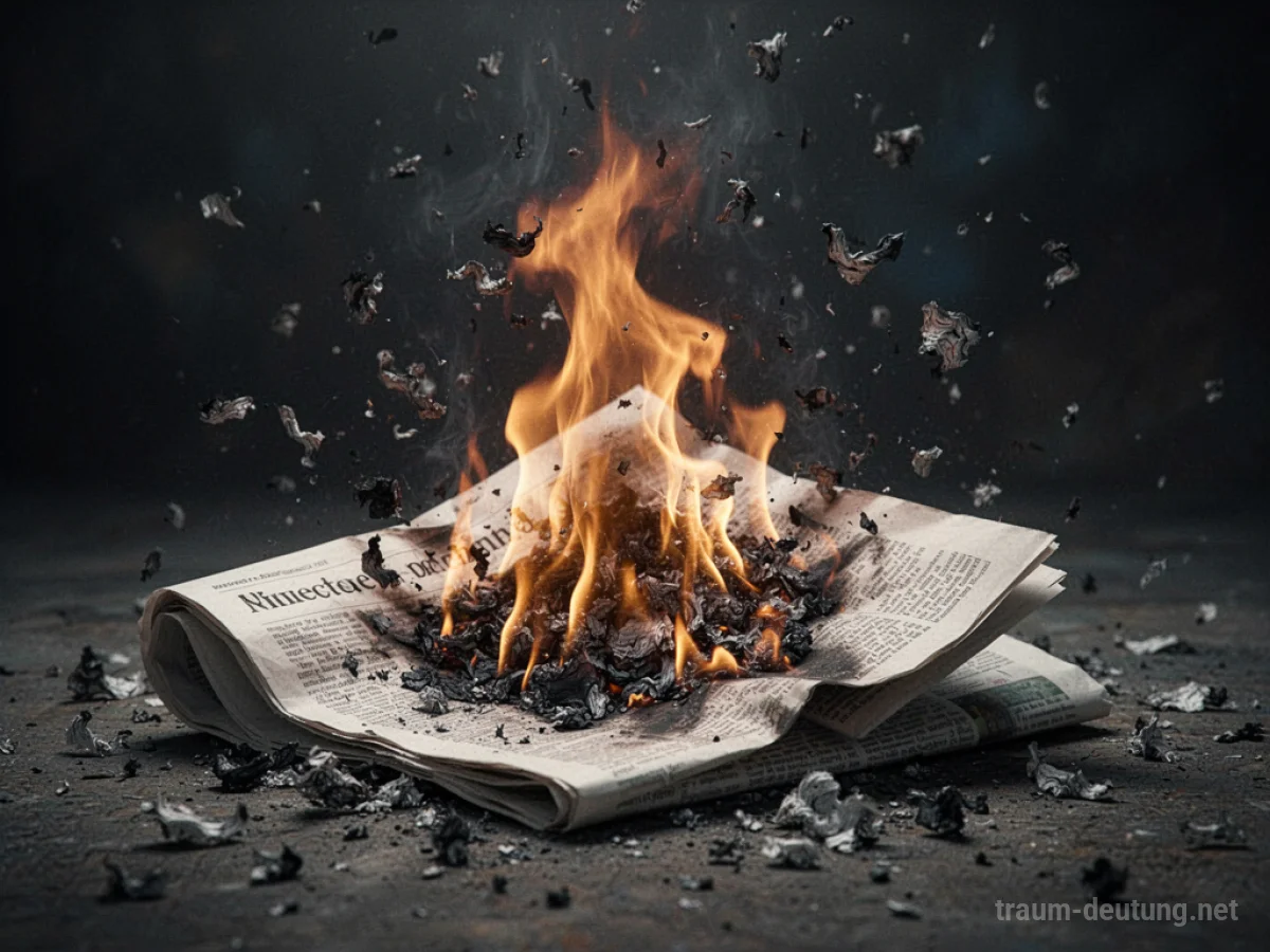 Eine Zeitung steht in Flammen und zerfällt zu Asche im Dunkeln.