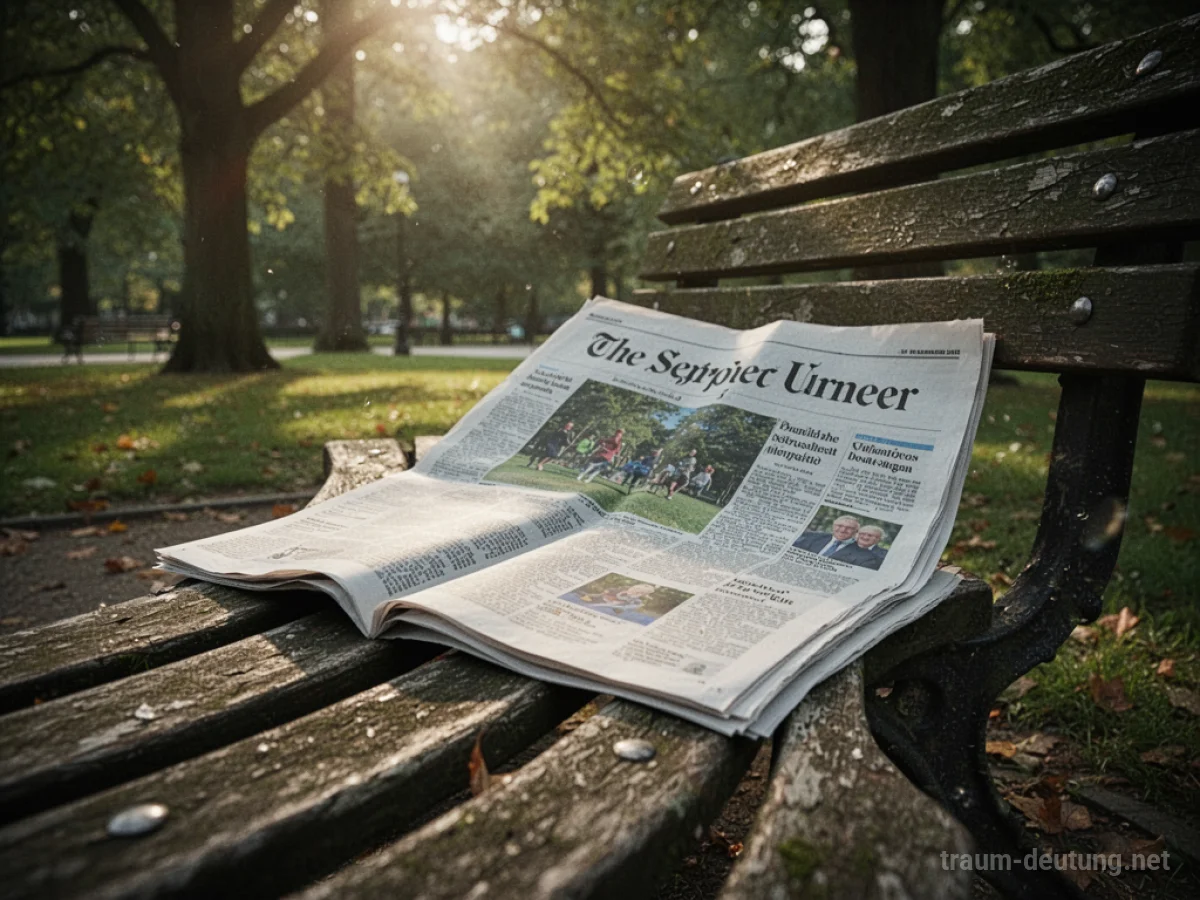 Eine aufgeschlagene Zeitung liegt auf einer Parkbank im Sonnenlicht.