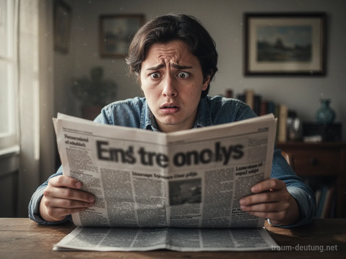 Eine Person schaut verwirrt auf eine Zeitung mit unleserlicher Schrift.