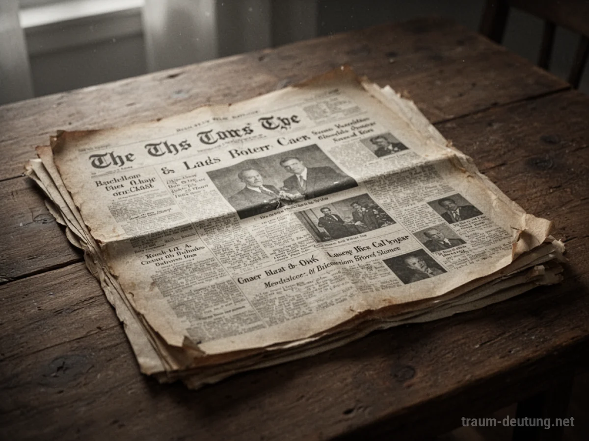 Eine alte Zeitung von früher liegt auf einem Holztisch.