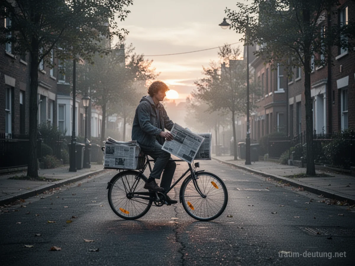 Eine Person auf einem Fahrrad stellt Zeitungen in einer ruhigen Straße zu.