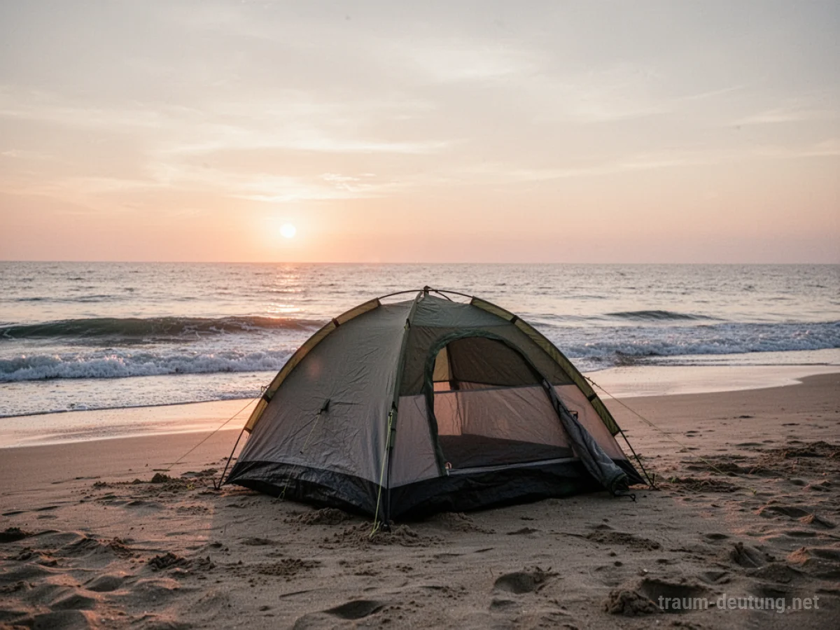 Ein Zelt steht am Strand bei Sonnenaufgang, die Wellen des Meeres sind ruhig.