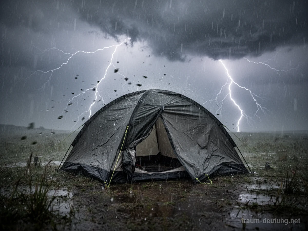 Ein kleines Zelt im Sturm, das vom Wind und Regen gebeutelt wird.