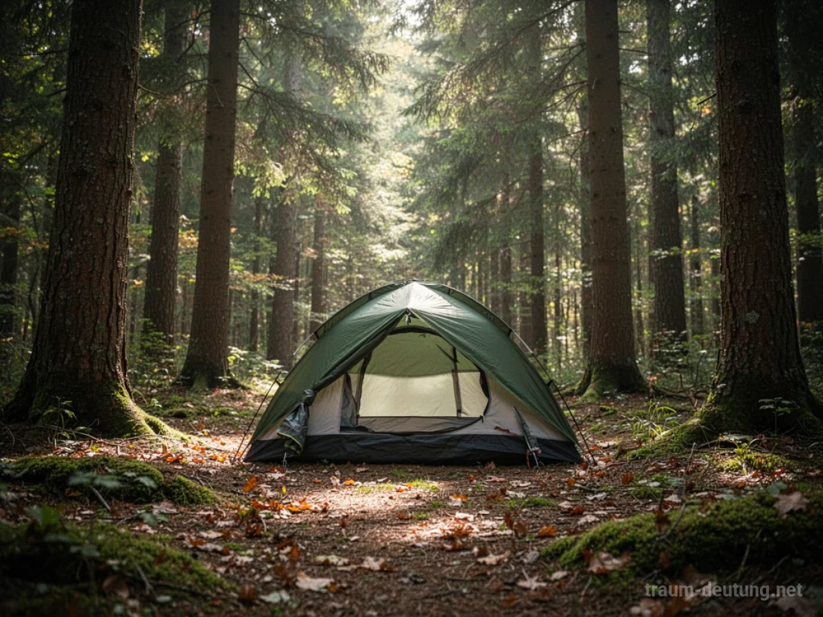 Ein kleines Zelt steht auf einer Lichtung in einem dichten Wald.