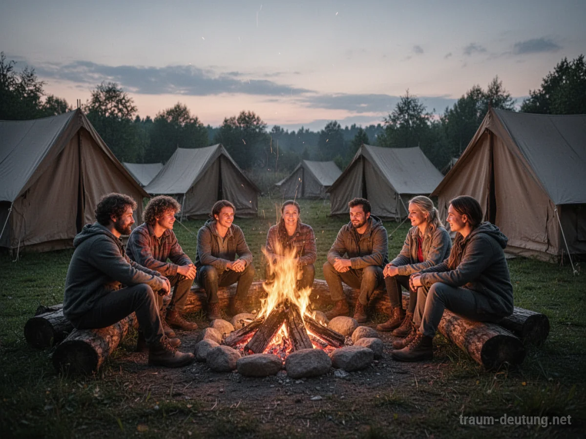 Ein Zeltlager bei Dämmerung mit Lagerfeuer und mehreren Zelten.