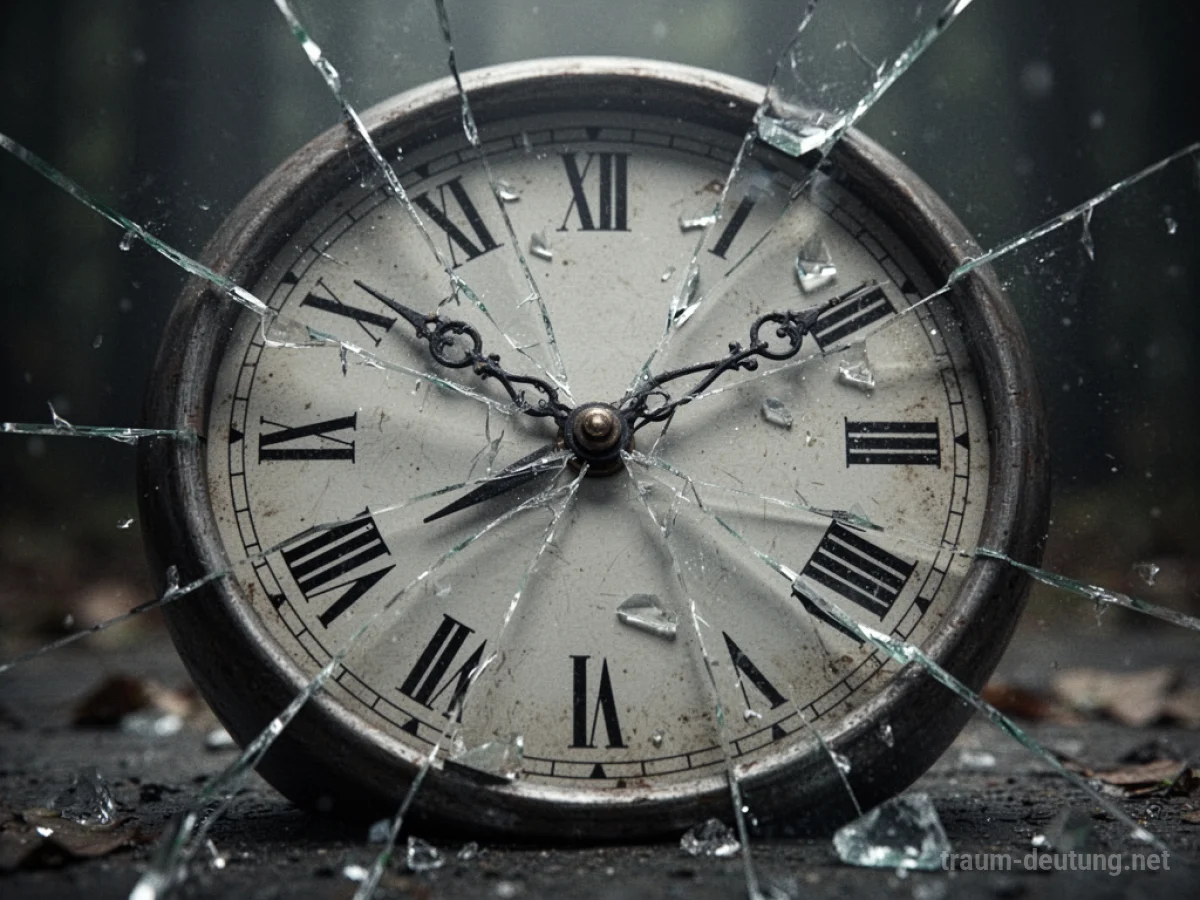 Zerbrochene Uhr mit sichtbaren Rissen und fehlenden Teilen