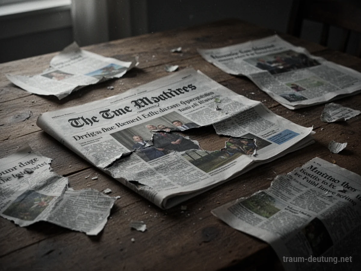 Zerrissene Zeitung auf einem Holztisch, Seiten verstreut