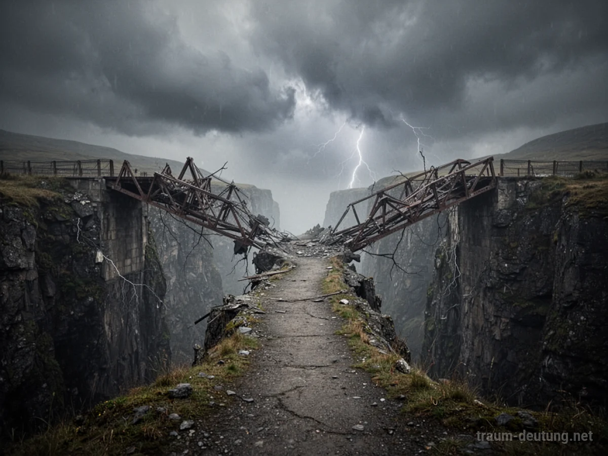 Kaputte Brücke über einer Schlucht im Sturm