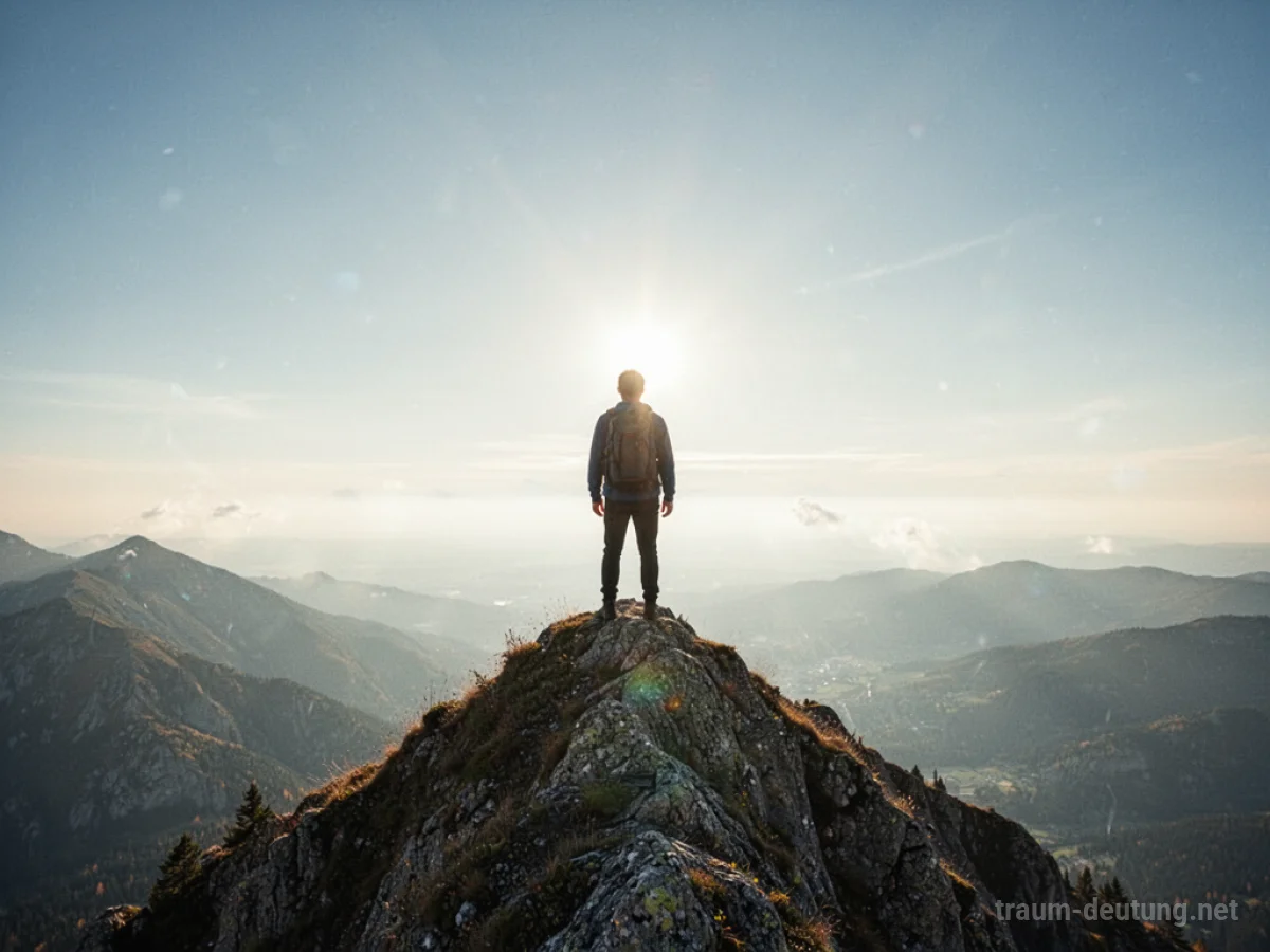Person steht auf Berggipfel und blickt auf Horizont