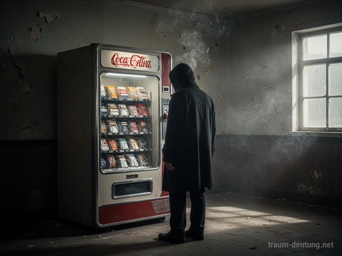 Ein Zigarettenautomat in einem dunklen Raum, eine Person davor.