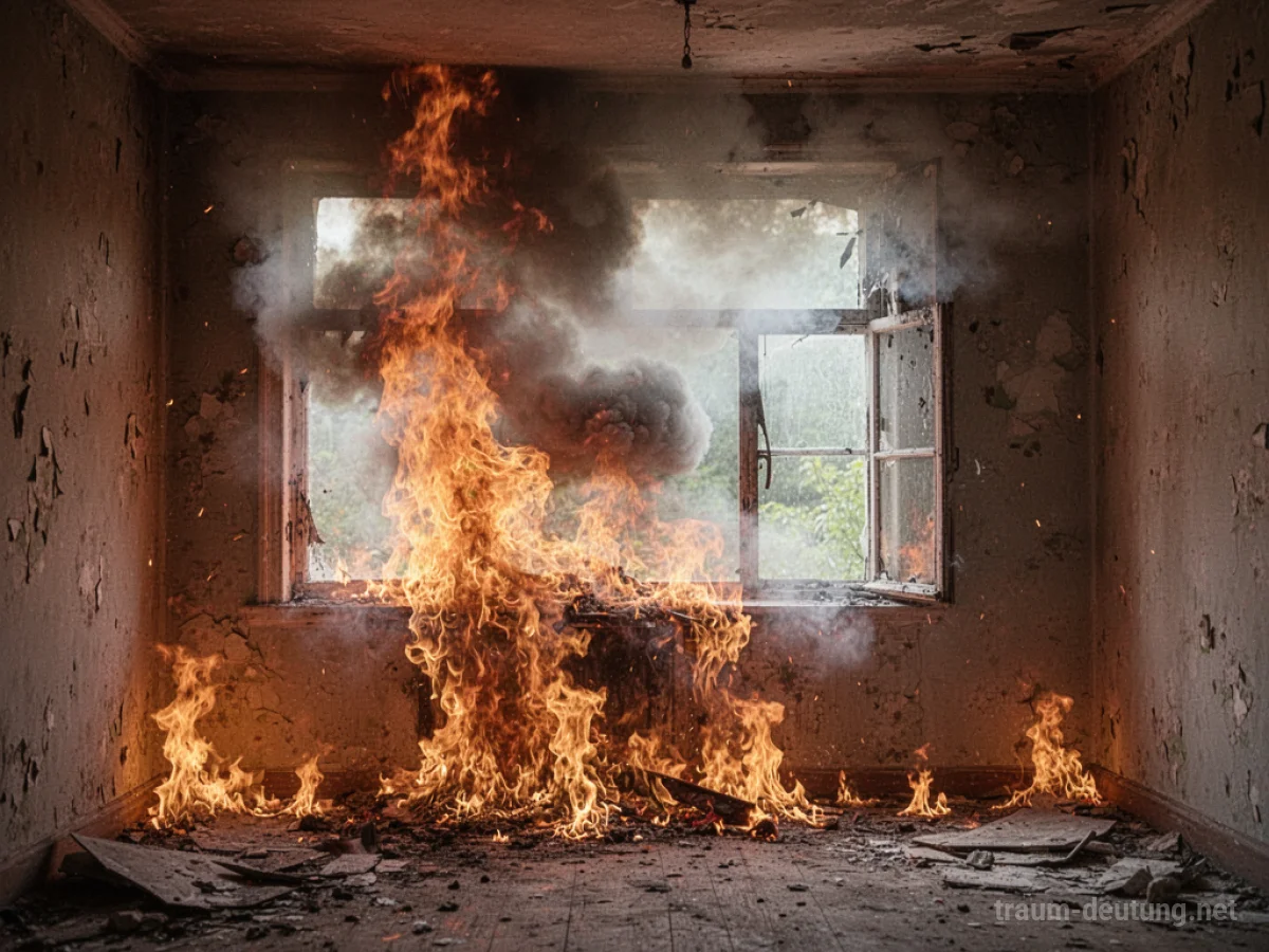 Ein Zimmer steht in Flammen, Rauch steigt aus dem Fenster