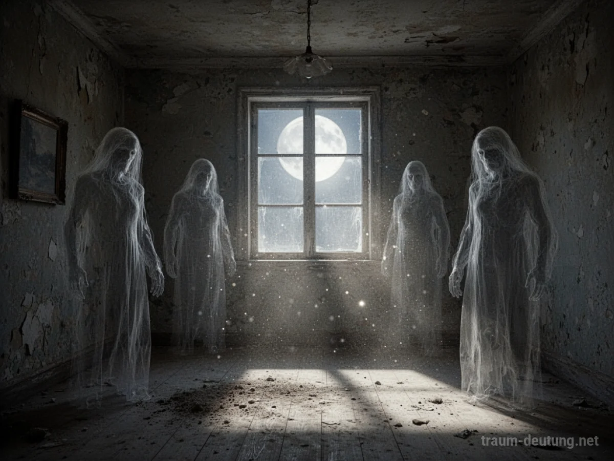 Ein altes, staubiges Zimmer mit schemenhaften Geisterfiguren im Schatten.