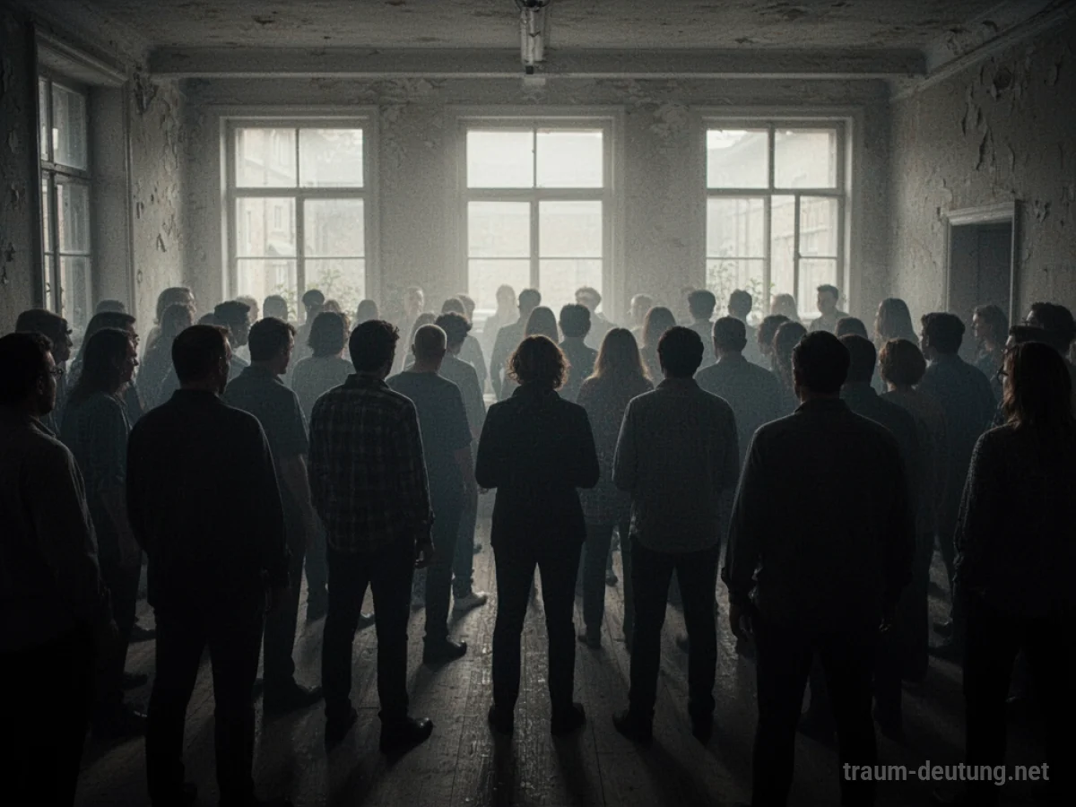 Viele menschliche Silhouetten stehen dicht gedrängt in einem großen, schwach beleuchteten Zimmer.
