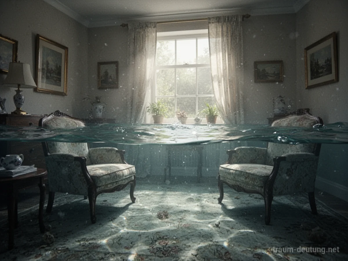 Ein Zimmer, dessen Boden mit klarem Wasser bedeckt ist, während Sonnenlicht einfällt.
