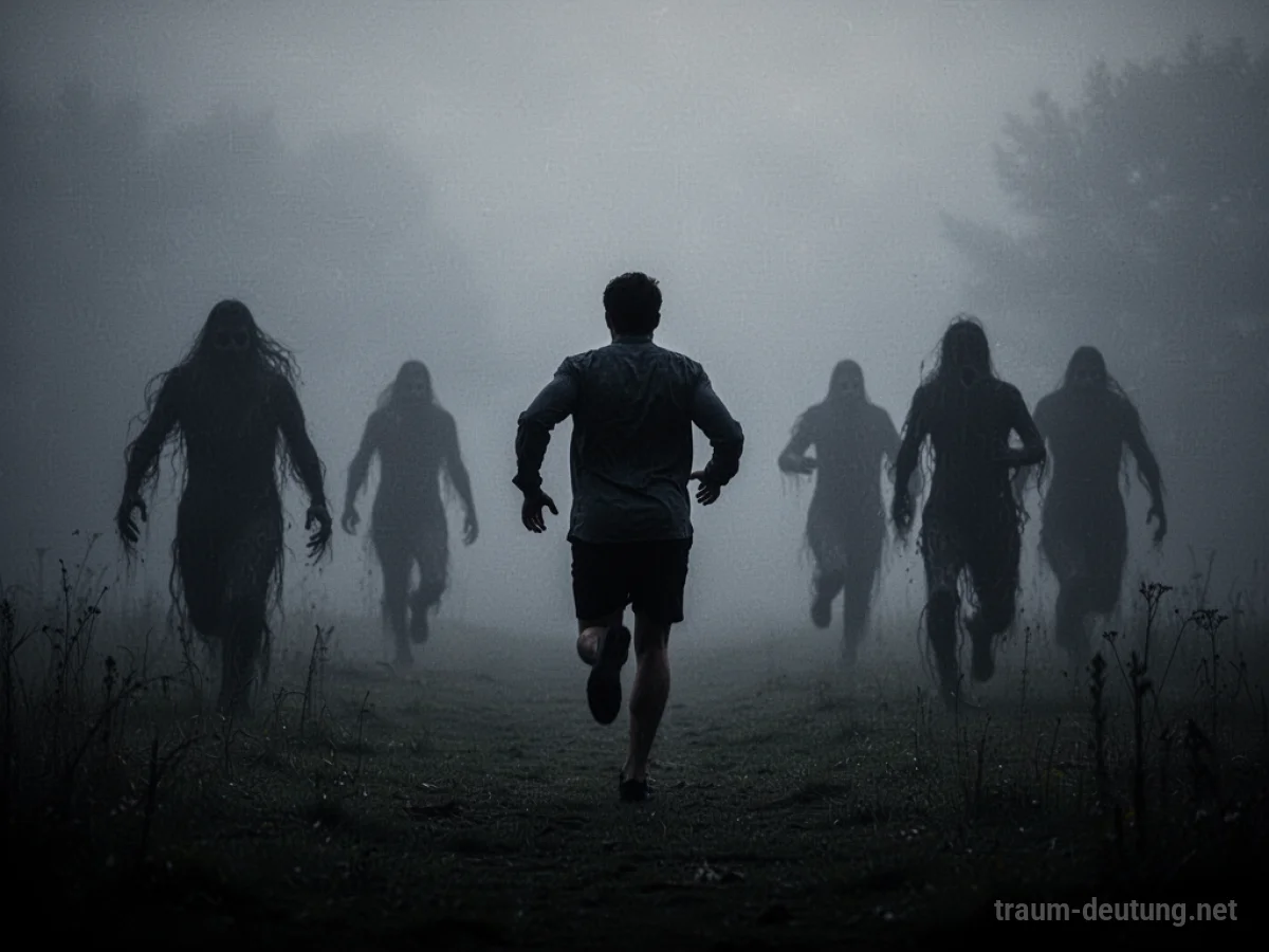 Silhouetten von Menschen, die vor unklaren Schattenfiguren in nebliger Landschaft fliehen