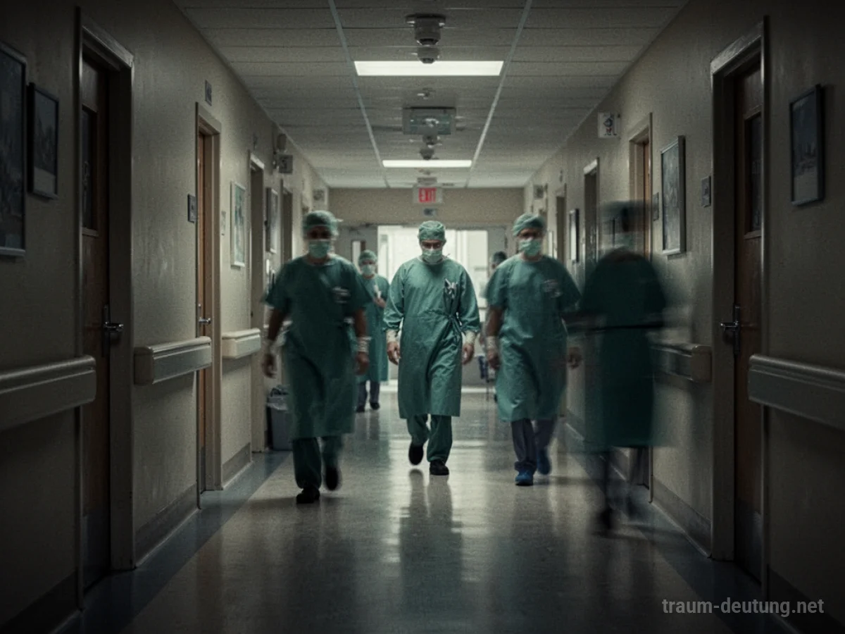 Menschen in medizinischer Kleidung bewegen sich langsam in einem dunklen Krankenhausflur.