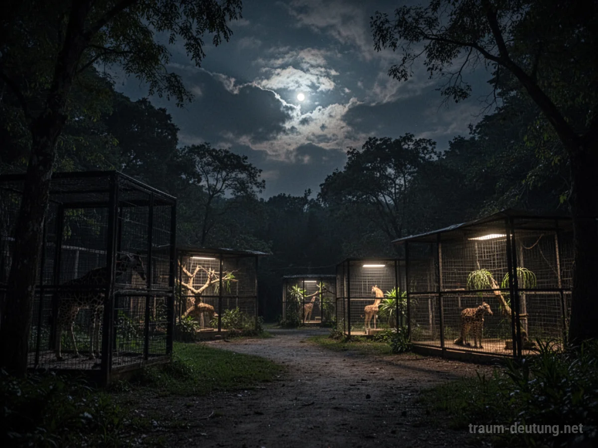 Zoo bei Nacht mit dunklen Käfigen und Bäumen im Mondlicht