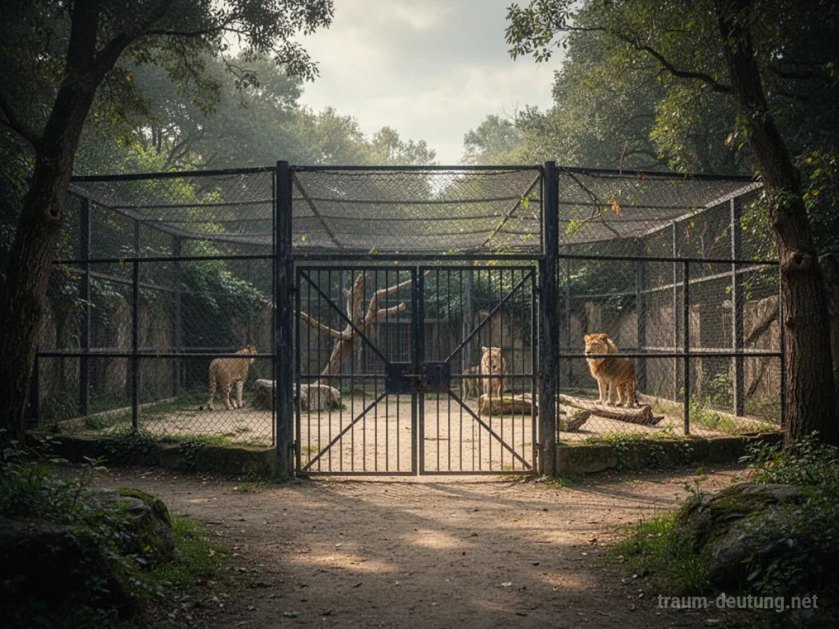 Ein geschlossenes Zoo-Tor mit leerem Gehege dahinter.