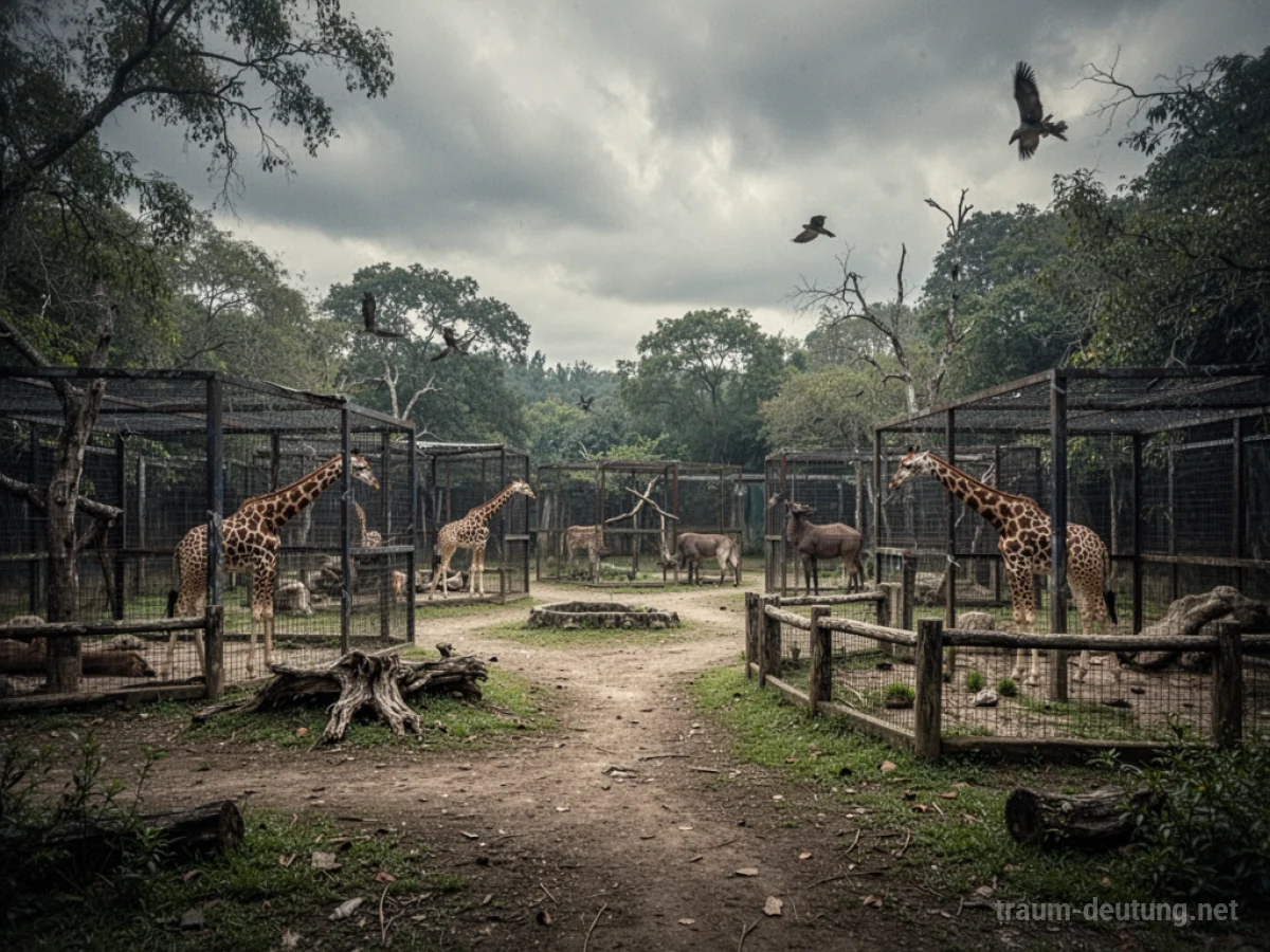 Ein leerer Zoo mit verlassenen Gehegen ohne Besucher.