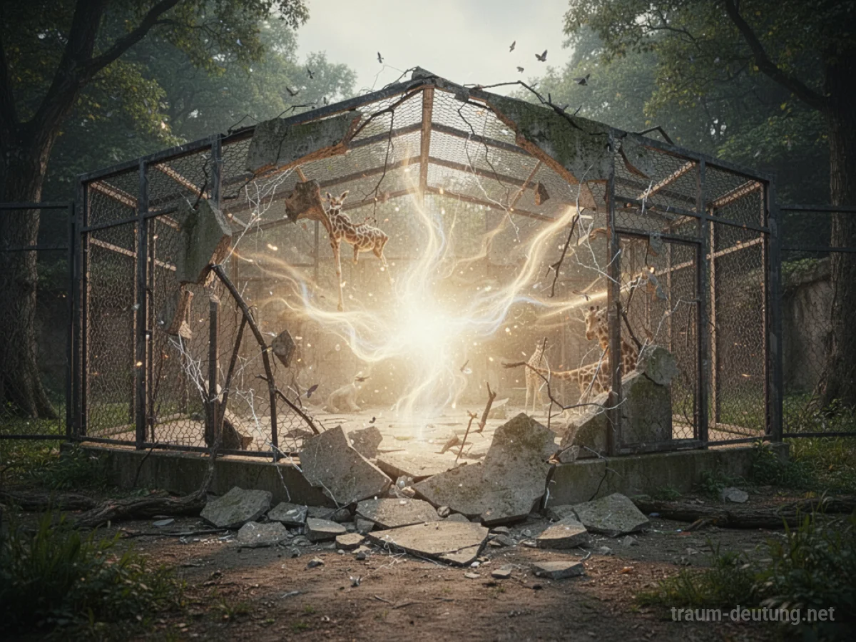 Symbolische Darstellung eines zerbrechenden Zoo-Geheges mit Licht, das herausströmt.