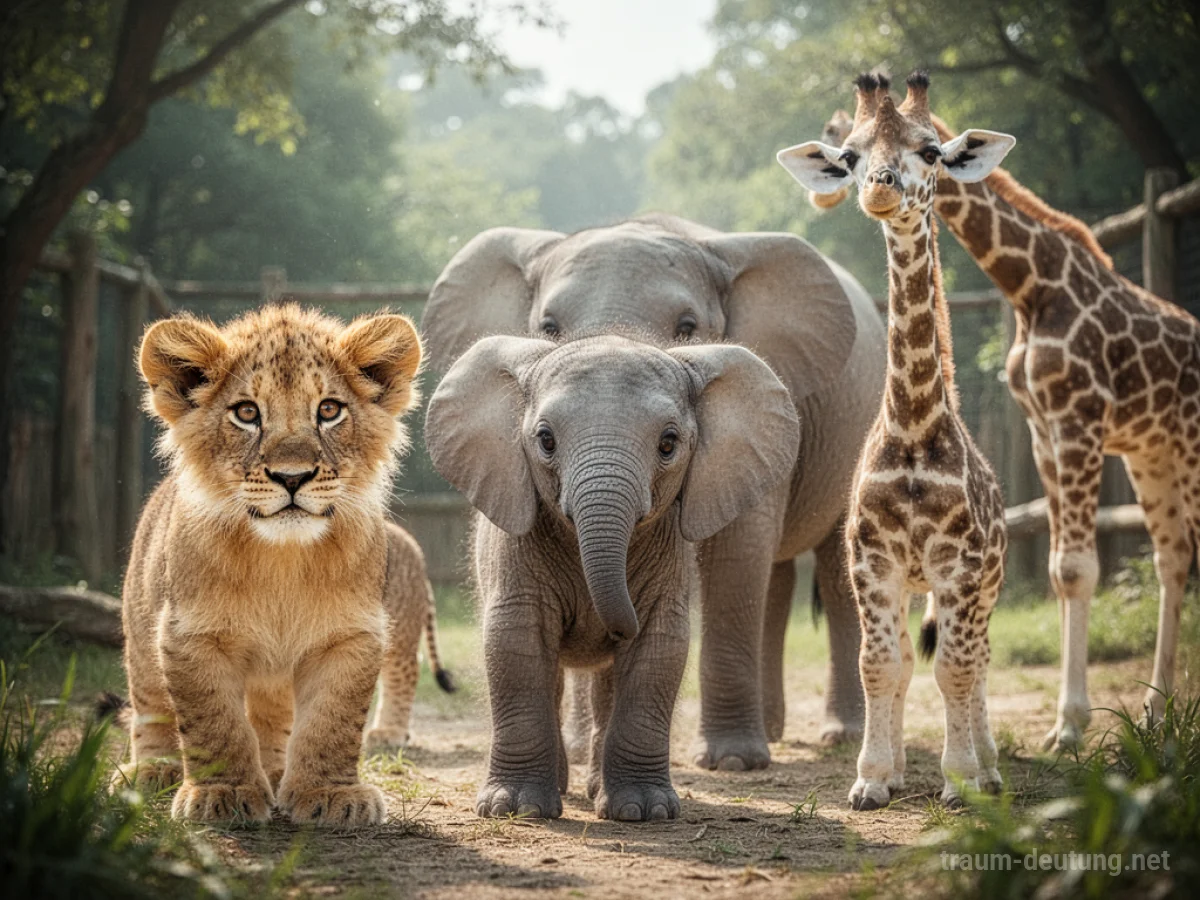 Verschiedene niedliche Zootierbabys in einem Gehege