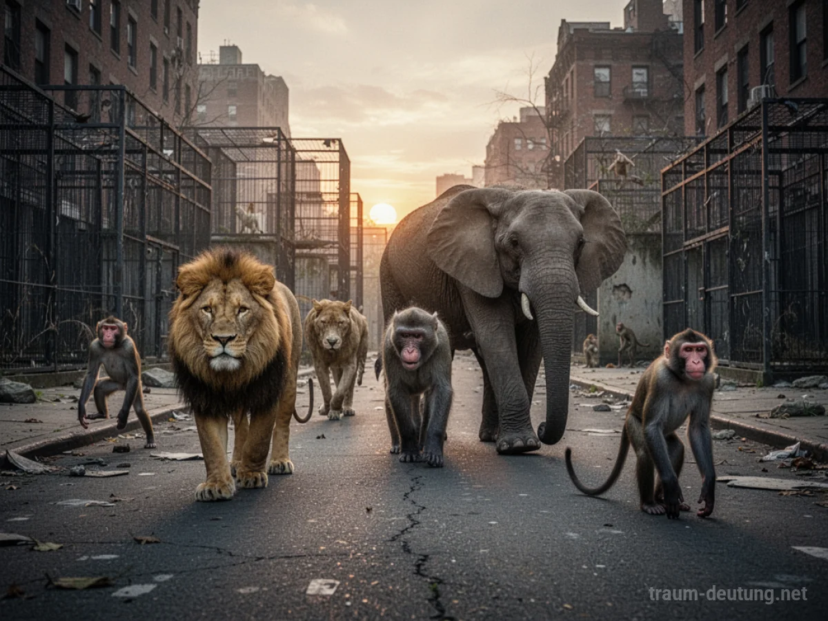 Zootiere wie Löwe und Elefant gehen friedlich durch eine leere Stadtstraße bei Morgengrauen.