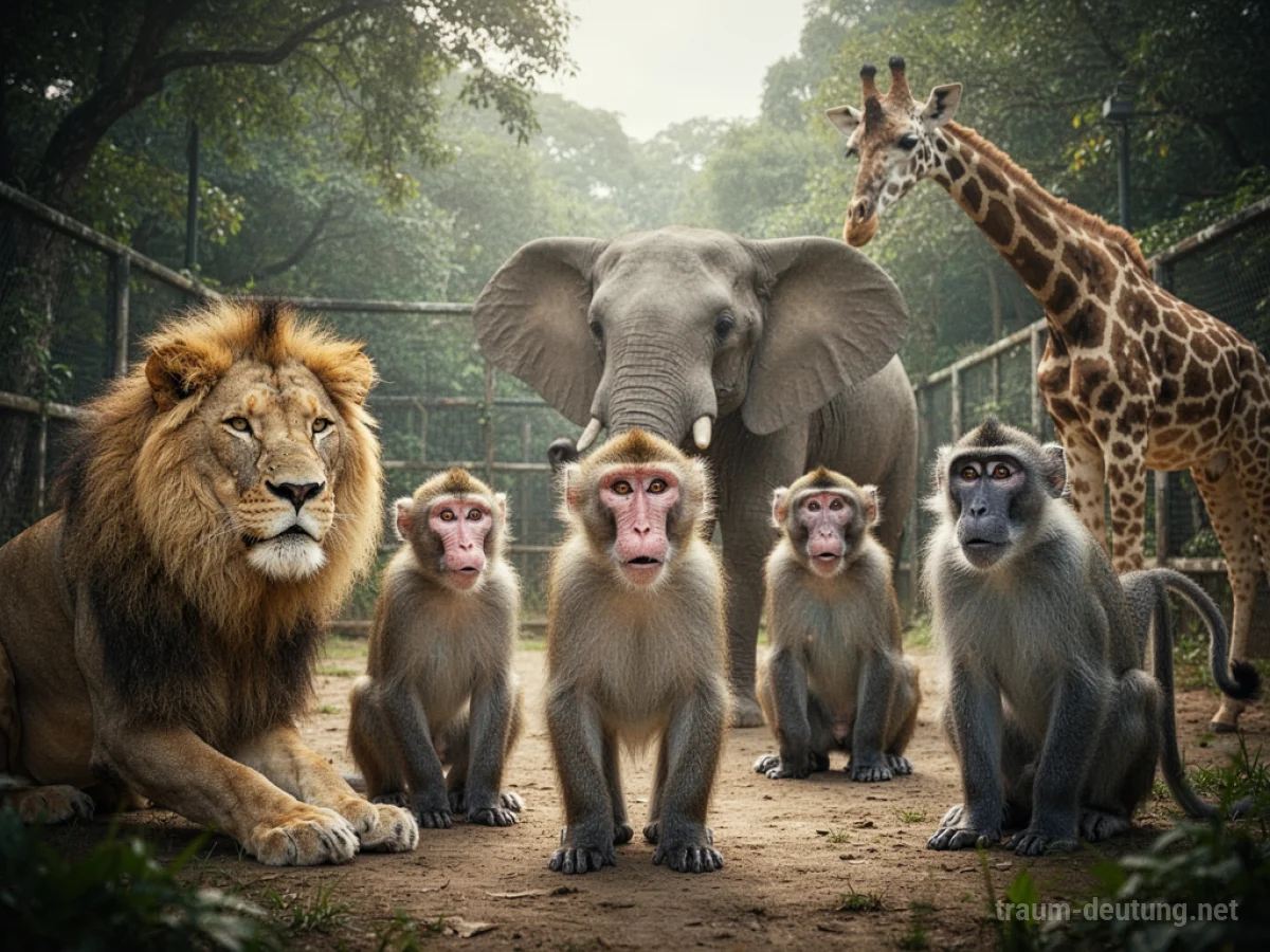 Sprechende Zootiere in einem Gehege, die den Betrachter ansehen.