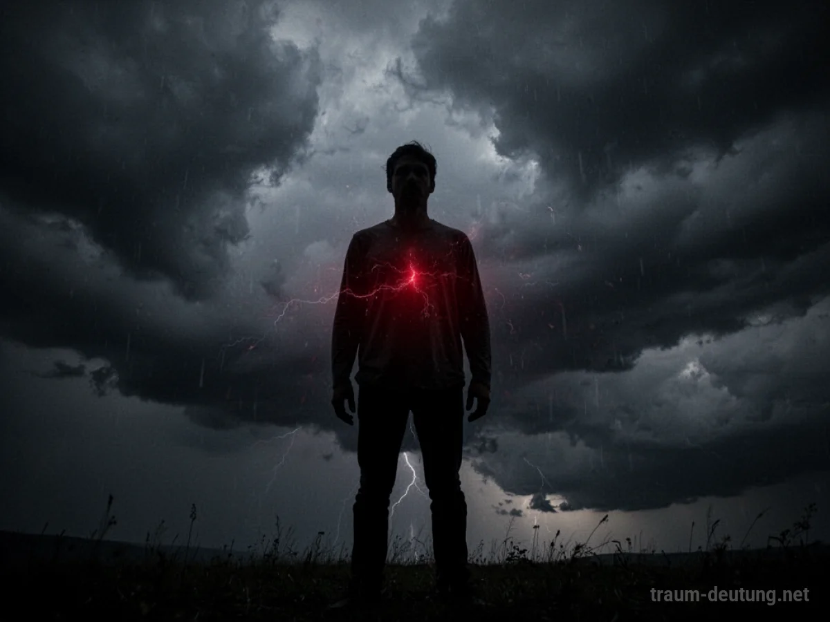Silhouette einer Person mit einem roten Schimmer in der Brust vor einem stürmischen Himmel