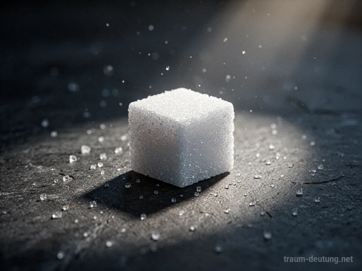 Ein einzelner Zuckerwürfel auf dunkler Fläche im Lichtkegel.