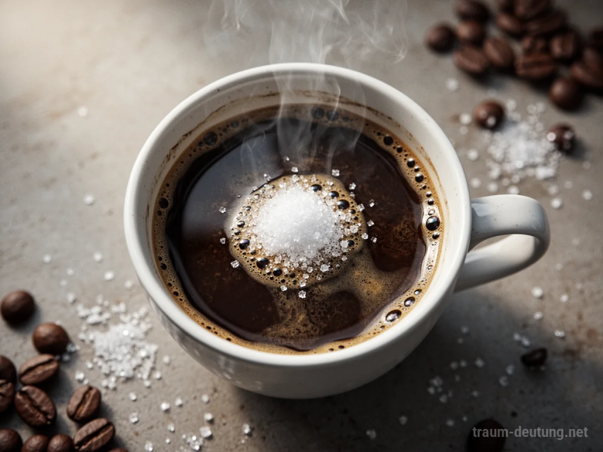 Eine Tasse Kaffee mit Zucker, der sich auflöst.