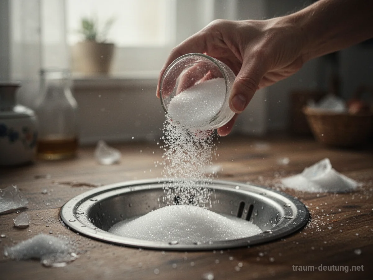 Eine Hand schüttet Zucker in einen Abfluss.
