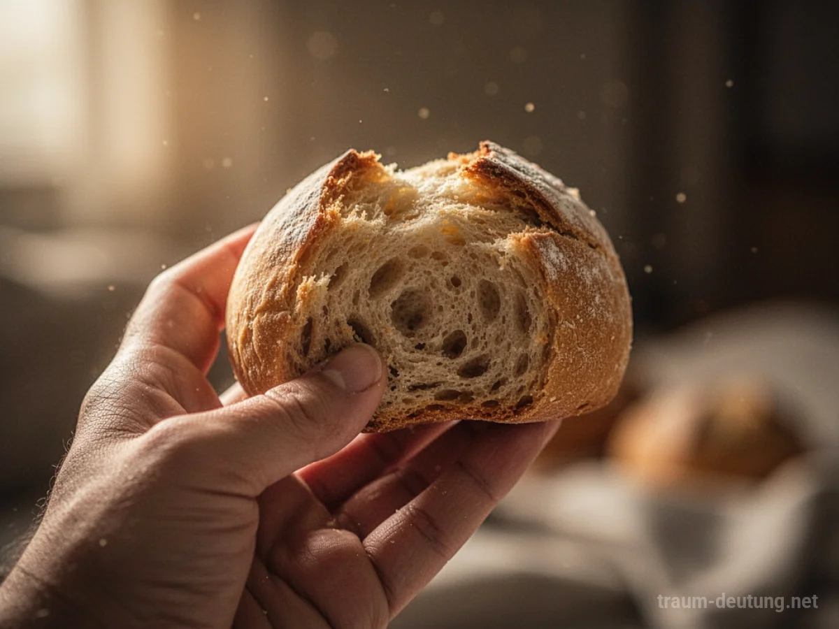Ein Stück süßes Brot in einer Hand, beleuchtet von warmem Licht.