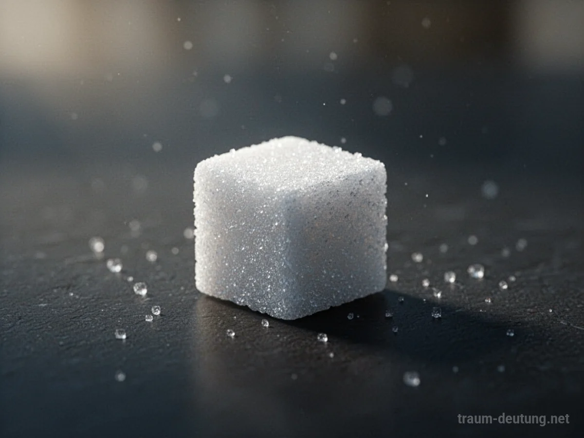 Ein einzelner Zuckerwürfel liegt auf einer dunklen Oberfläche.