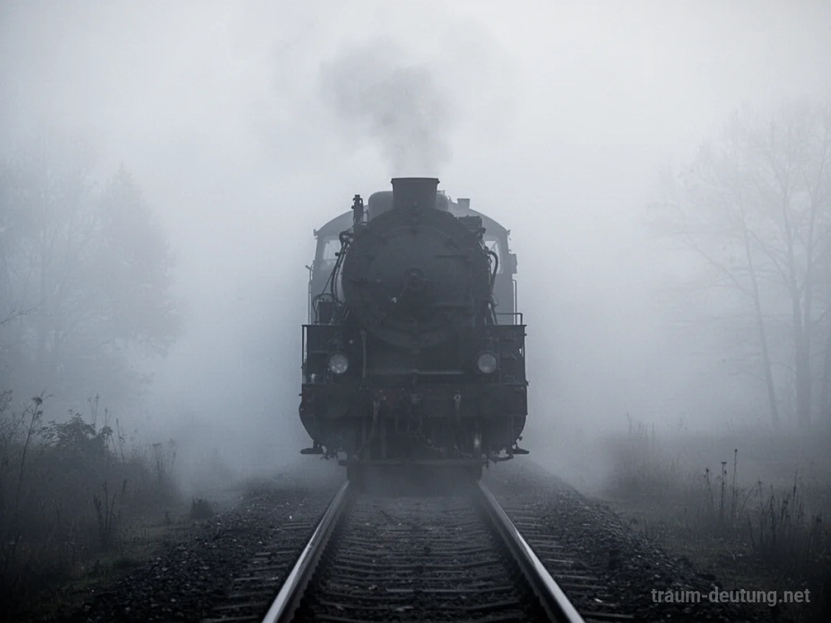 Silhouette eines Zuges, der durch dichten, undurchsichtigen Nebel fährt.