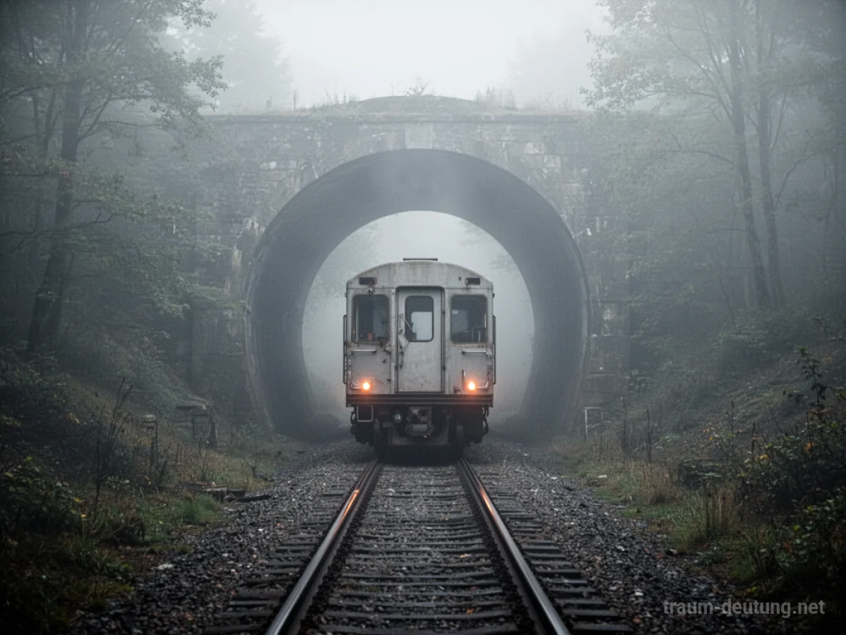 Ein Zug fährt rückwärts in einen nebligen Tunnel.