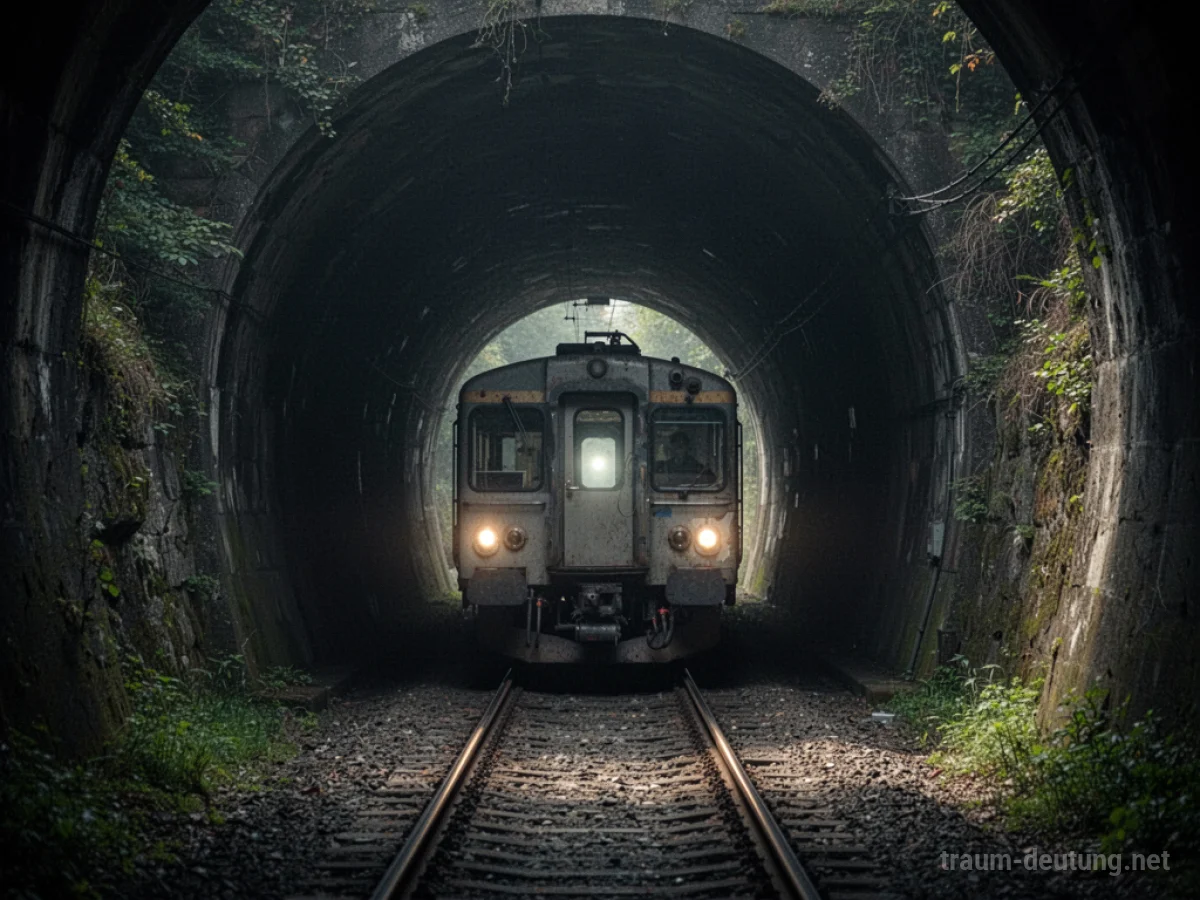 Zug fährt in einen dunklen Tunnel, Licht am Ende sichtbar