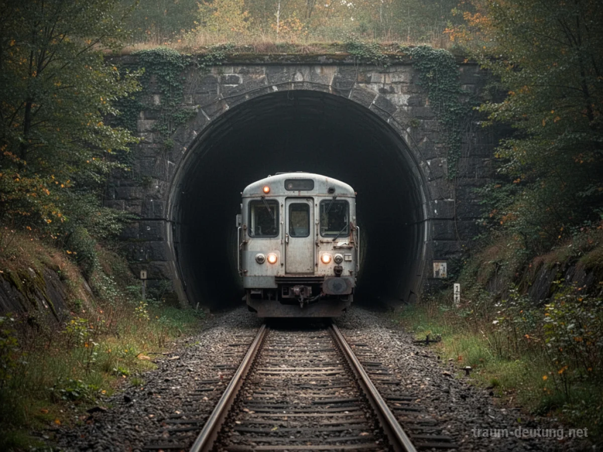 Eine stillstehende Eisenbahn auf einem Gleis vor einem dunklen Tunnel.