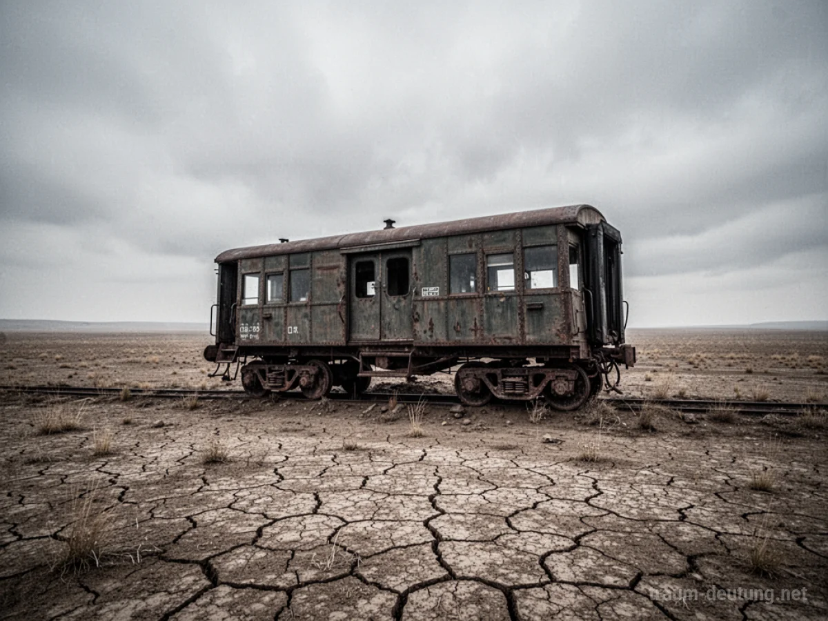 Ein einzelner Eisenbahnwaggon steht verlassen auf trockenem Boden ohne Schienen.