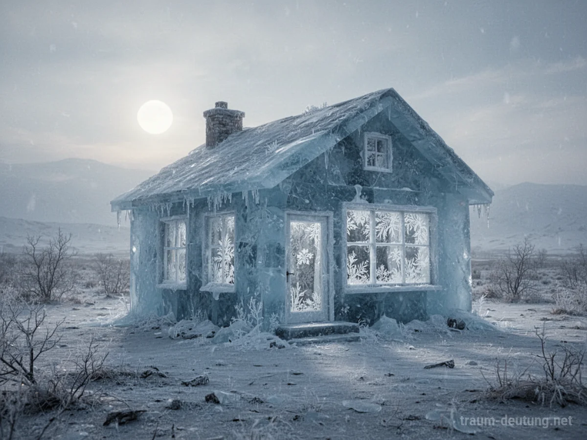 Ein Haus komplett aus Eis in einer kalten, kargen Landschaft.