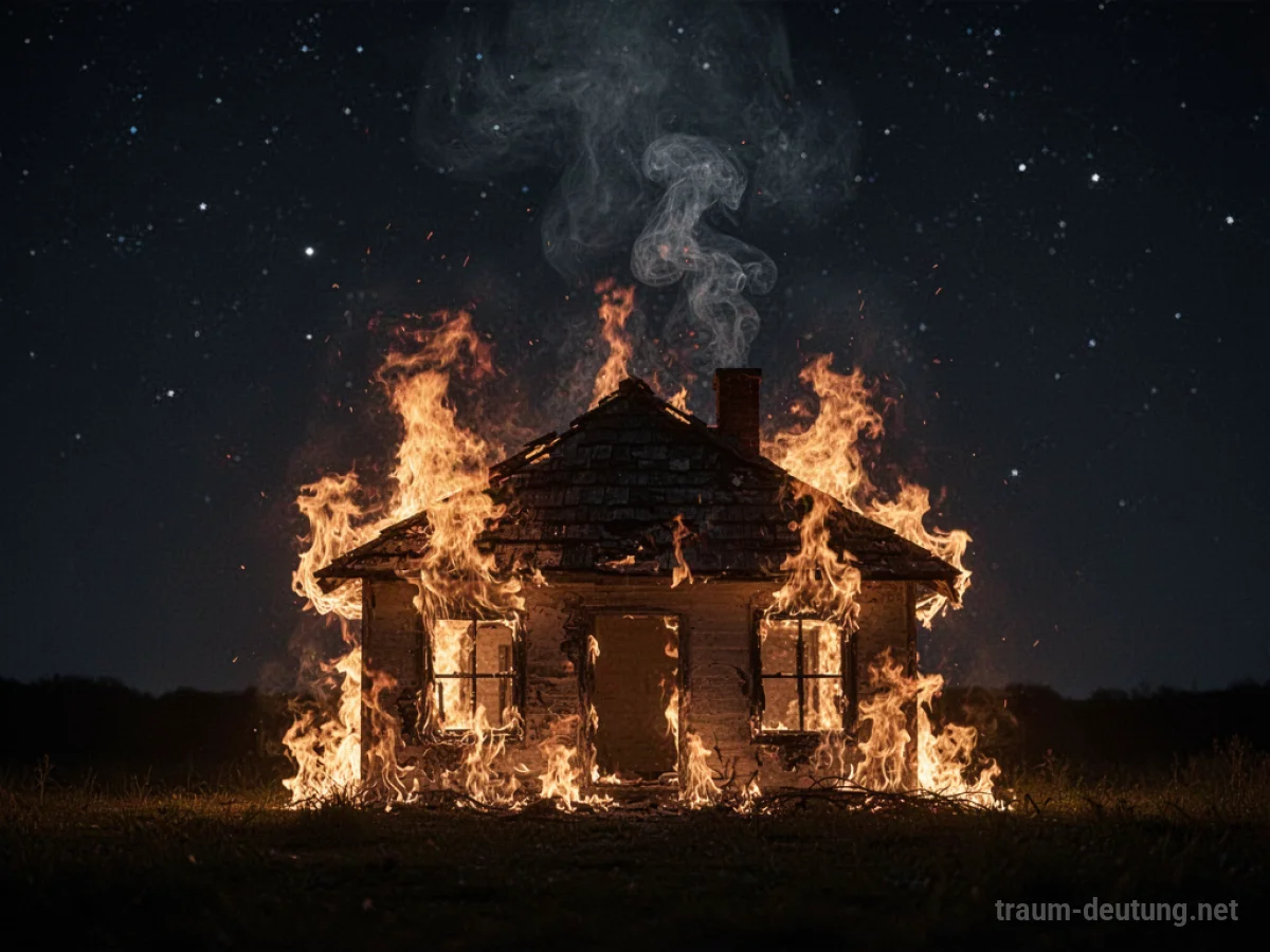 Silhouette eines Hauses, das von Flammen umgeben ist, vor einem Nachthimmel