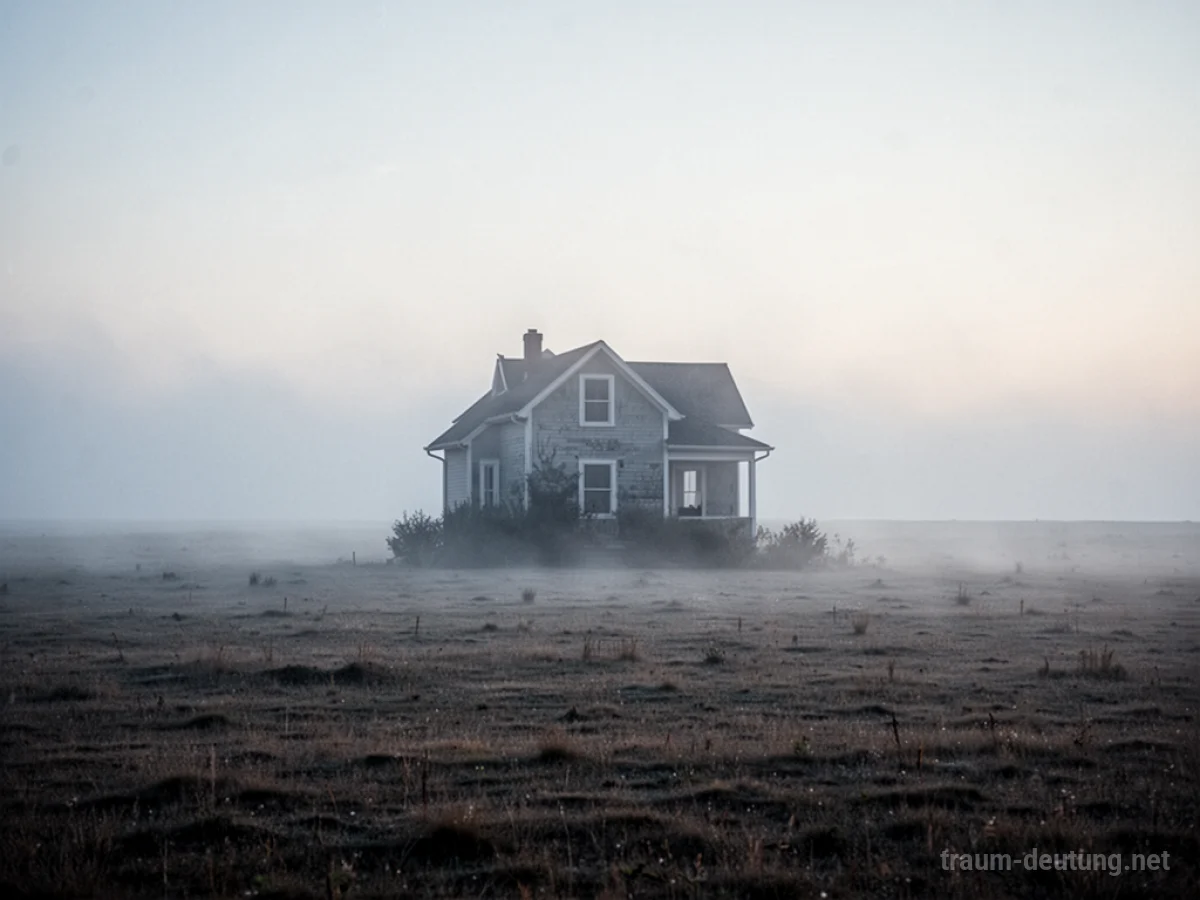 Eine Silhouette eines Hauses löst sich in Nebel auf einer leeren Ebene auf.