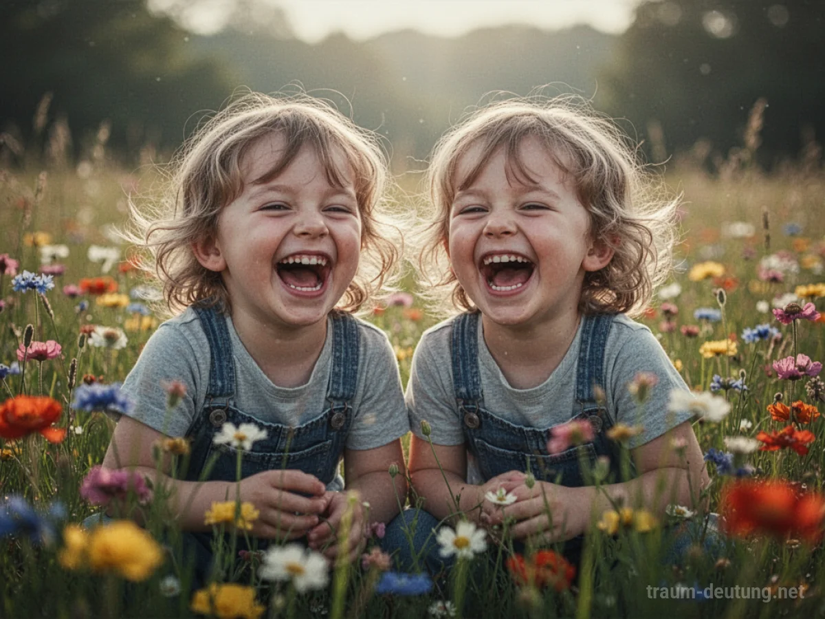 Zwei identische Kinder, Zwillinge, lachen gemeinsam in einer sonnigen Wiese.